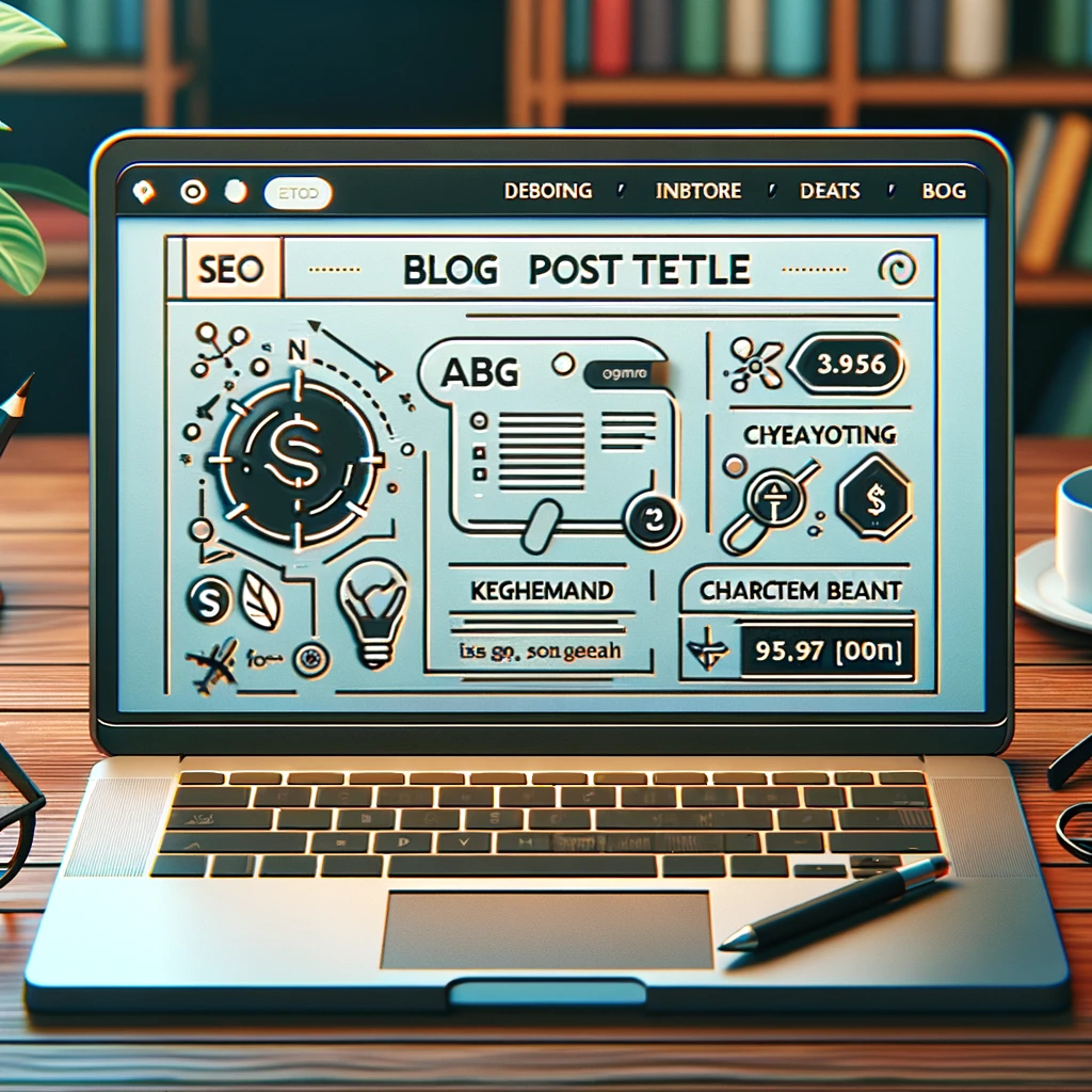 Optimierung eines Blog-Titels mit einem Laptopbildschirm, der einen Blog-Editor und hervorgehobene SEO-Tipps wie Keyword-Platzierung und Zeichenanzahl