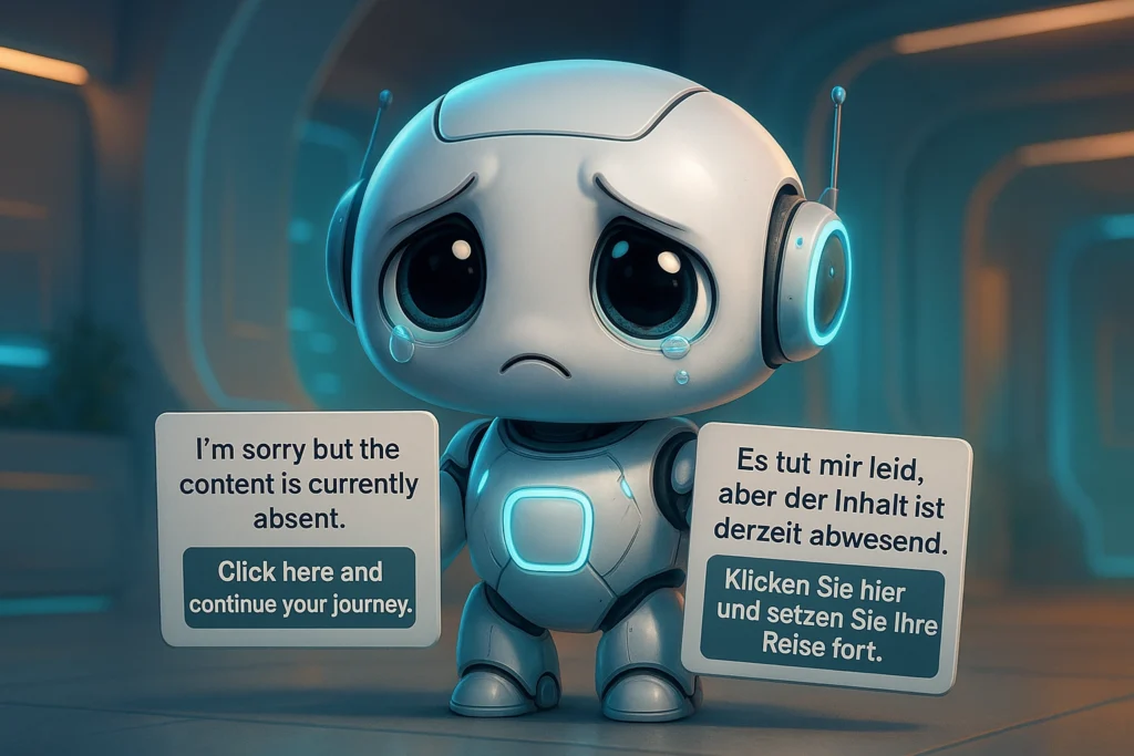 A hyper-cute, sad little AI robot with big expressive eyes, standing in a futuristic but friendly environment, holding two small signs. The robot looks apologetic, glowing softly with neon-blue accents. On the first sign is written: "I'm sorry but the content is currently absent! Click here and continue your journey." On the second sign is written: "Es tut mir leid, aber der Inhalt ist derzeit abwesend. Klicken Sie hier und setzen Sie Ihre Reise fort." — ultra-detailed, modern sci-fi design, soft lighting, friendly mood, high resolution, cinematic illustration of a 404 page