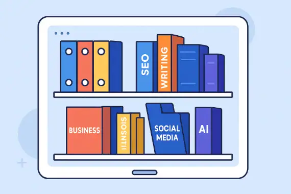Digitale Prompt-Bibliothek mit Kategorien wie SEO, Writing, Business und Social Media - KI Prompt Bibliothek